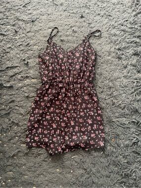 Women’s Floral Print Spaghetti Strap Romper - Black with Pink & White Flowers